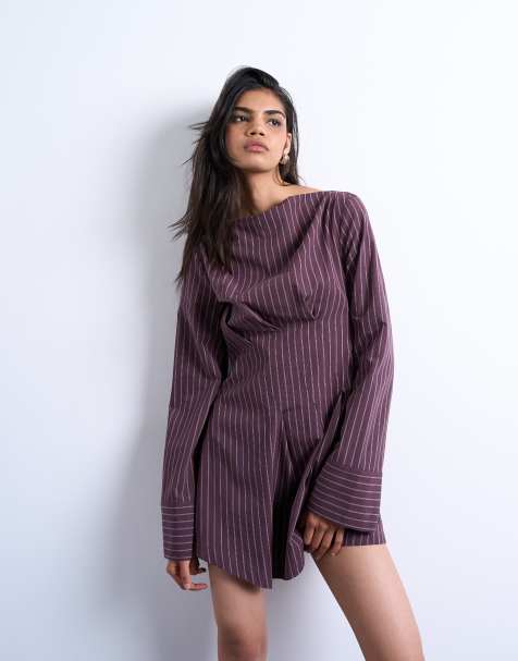 Topshop – Bordowa sukienka mini z długimi rękawami w paski - view 1