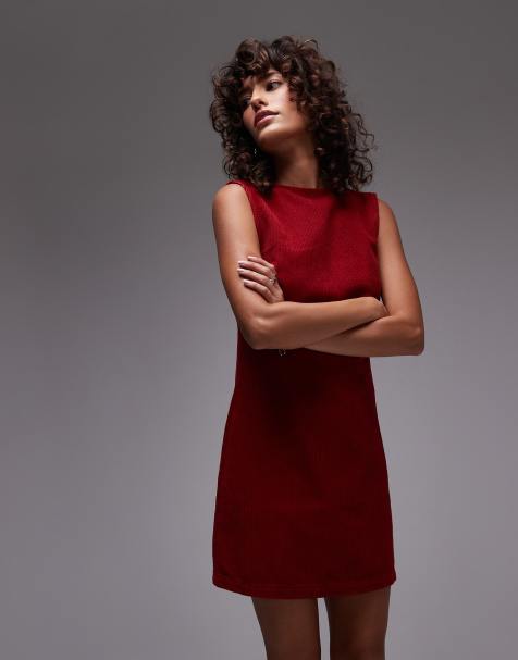 Topshop denim cord low back mini dress in burgundy