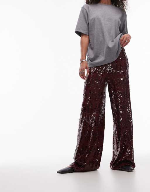 Topshop – Bordowe cekinowe spodnie z szerokimi nogawkami, 3 z 5