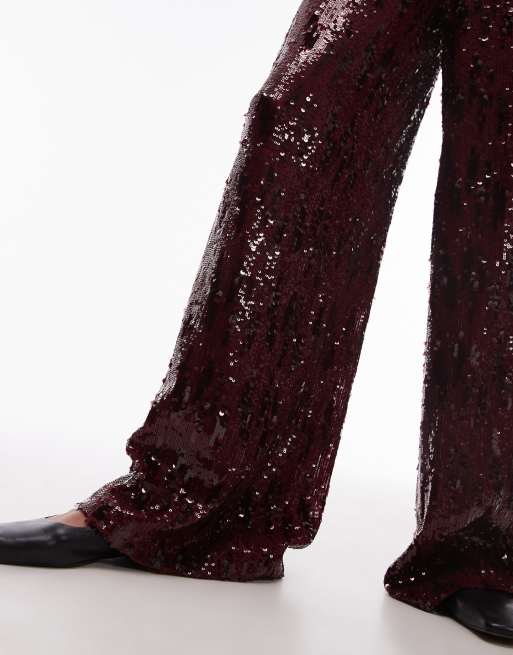Topshop – Bordowe cekinowe spodnie z szerokimi nogawkami, 5 z 5