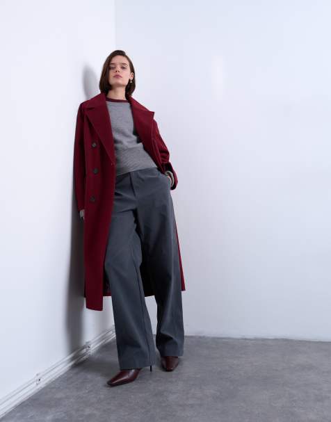 Topshop – Bordowy dwurzędowy płaszcz o wydłużonym fasonie - view 1
