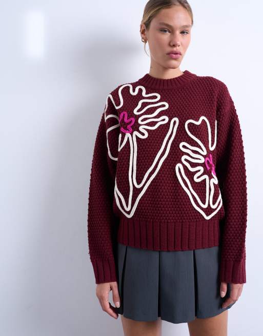 Topshop – Bordowy sweter w haftowany kwiatowy wzór , 3 z 4