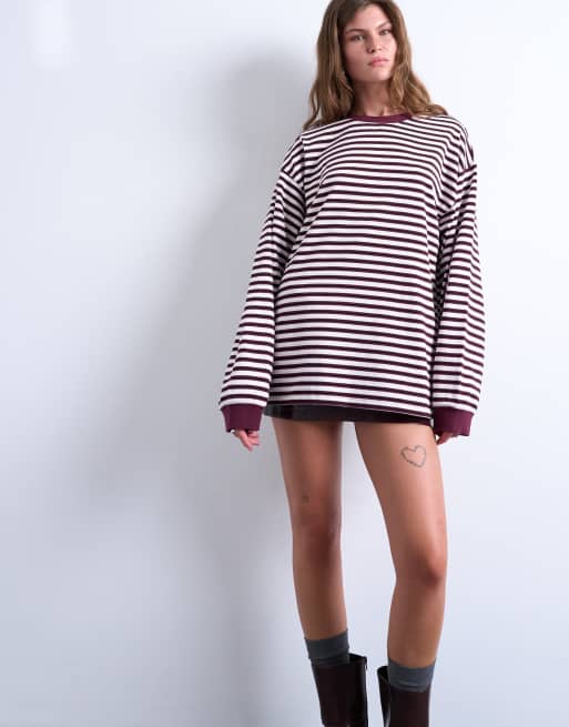 Topshop – Bordowy T-shirt w paski o luźnym skaterskim kroju z długimi rękawami