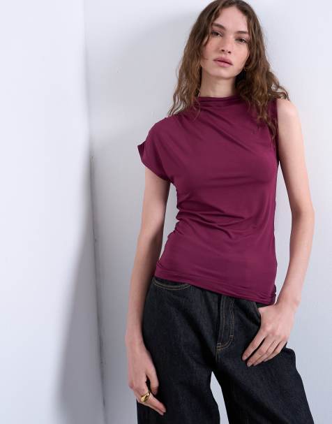 Topshop high neck asymmetric ruched side tank in burgundy