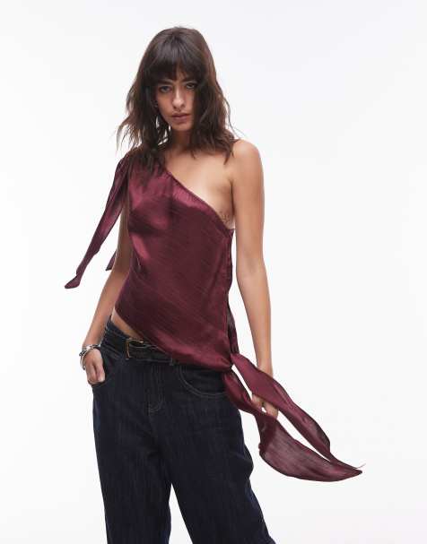Topshop – Bordowy top na jedno ramię z węzłem - view 1