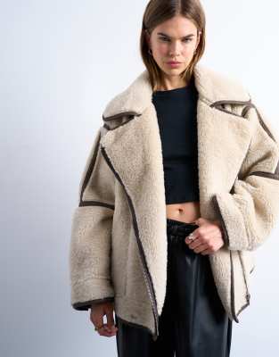 Topshop Borg Aviator Oversized Jacket In Neutral