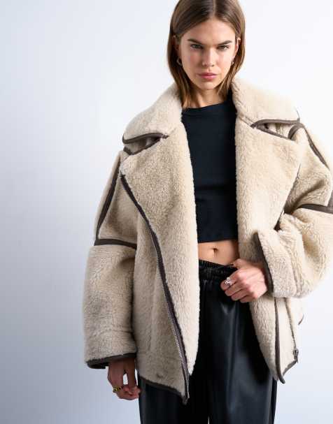 Topshop borg aviator oversized jacket in cream - view 1