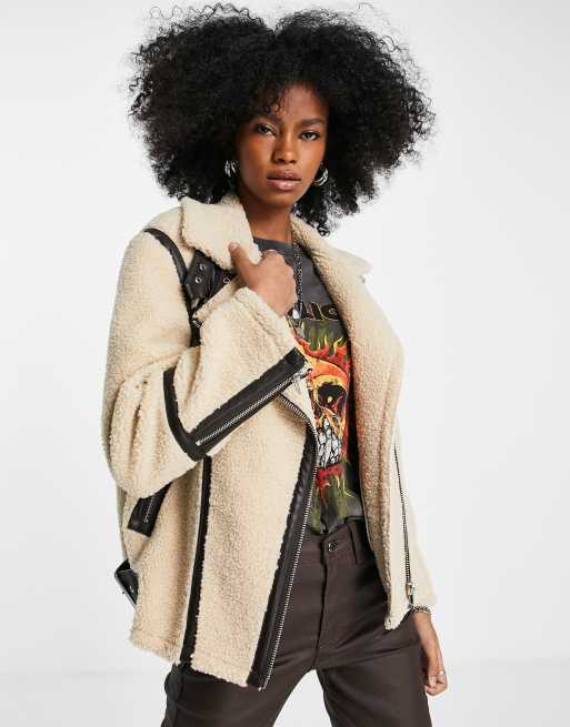 Topshop - Borg bikerjack met contrasterende details van imitatieleer in crème, 3 van 4