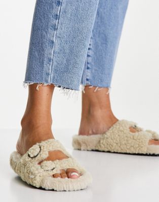 Topshop borg buckle slider slippers in neutral
