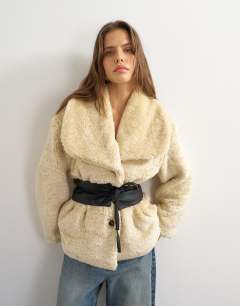 Borg coat with faux leather belt in cream