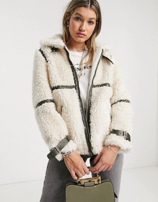 Topshop borg coat with leather buckles in cream