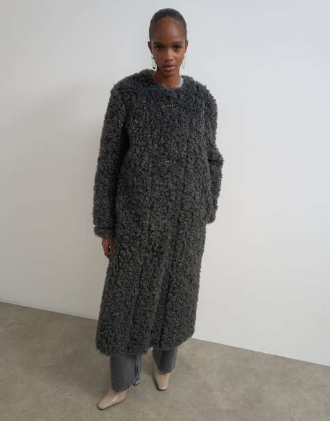 Topshop borg collarless long coat in charcoal - view 1