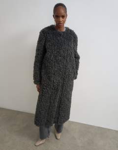 Borg collarless long coat in charcoal