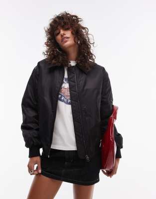 borg crop bomber jacket in black