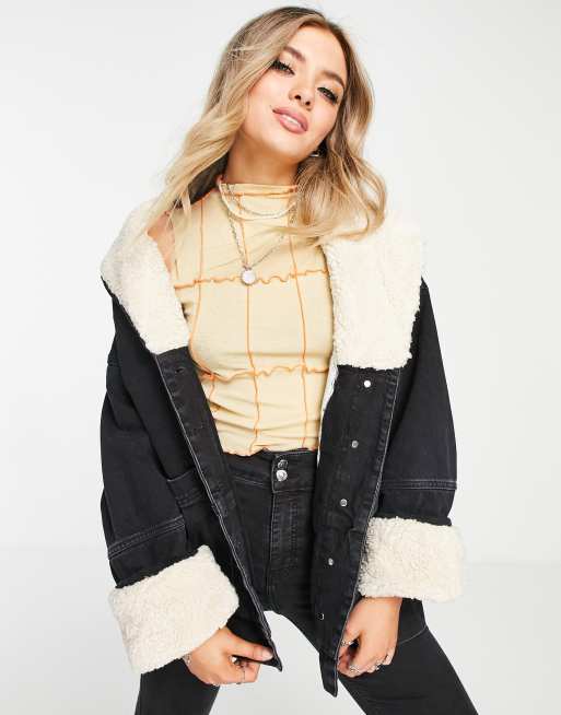 Topshop borg denim car coat in washed black | ASOS