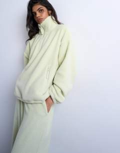 Borg fleece funnel quarter zip co-ord in lime green