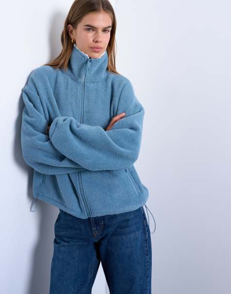 Topshop borg fleece funnel zip through in blue