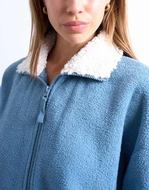 Topshop borg fleece funnel zip up sweatshirt in blue