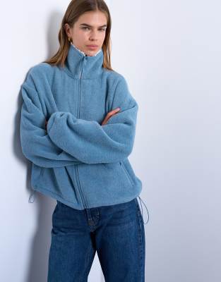 Topshop Borg Fleece Funnel Zip Up Sweatshirt In Blue