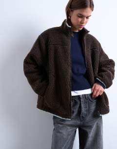 Borg fleece jacket with contrast piping in brown