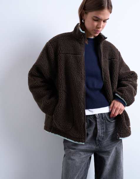 Topshop borg fleece jacket with contrast piping in brown