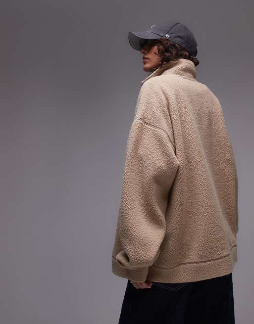 Topshop Borg Funnel Neck Zip Through Fleece in camel Neutral