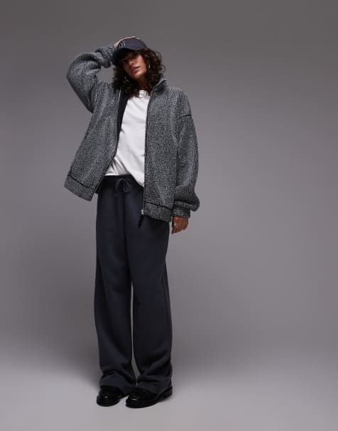 Topshop borg funnel neck zip thru fleece in salt and pepper - view 1