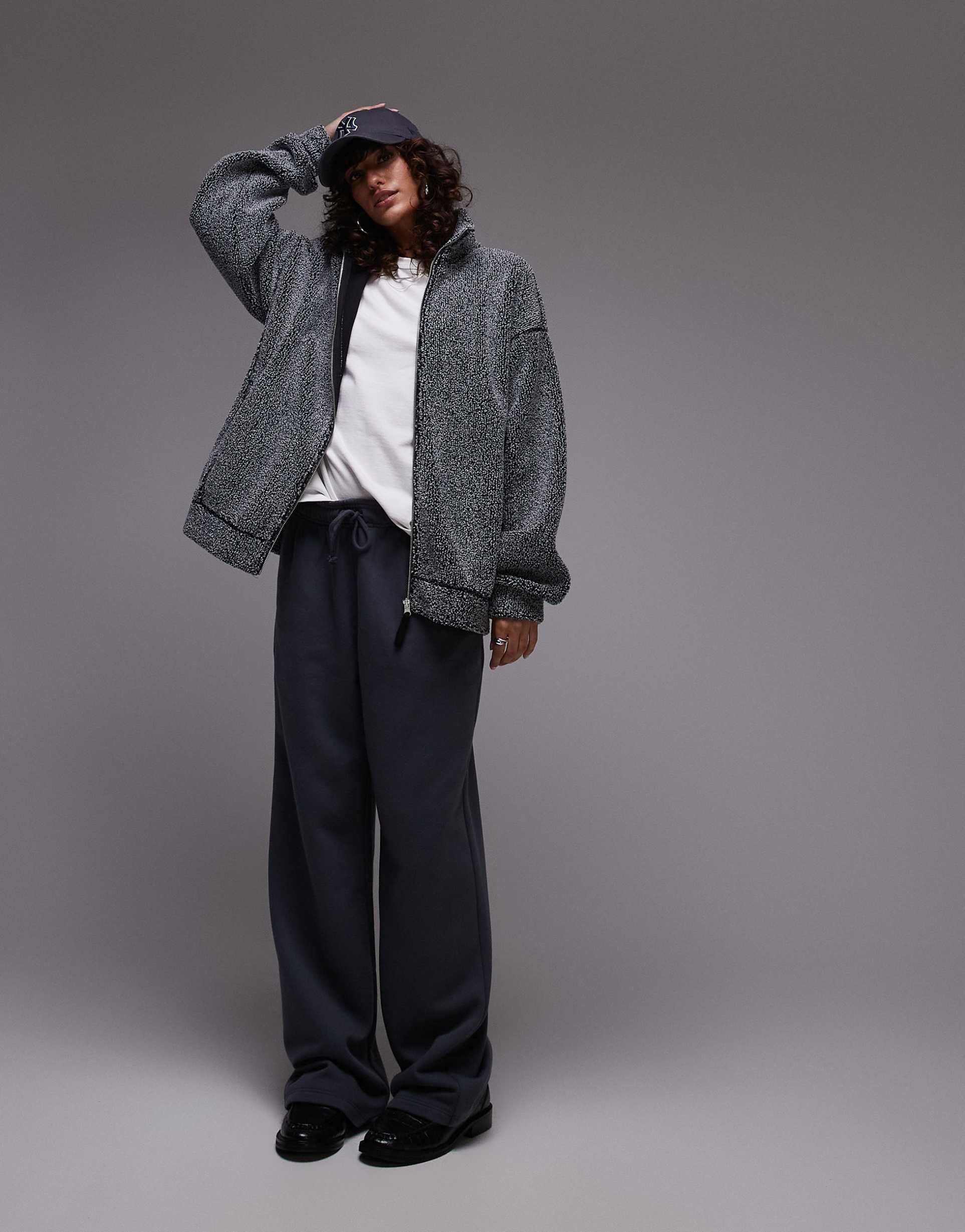 topshop borg funnel neck zip thru fleece in salt and pepper