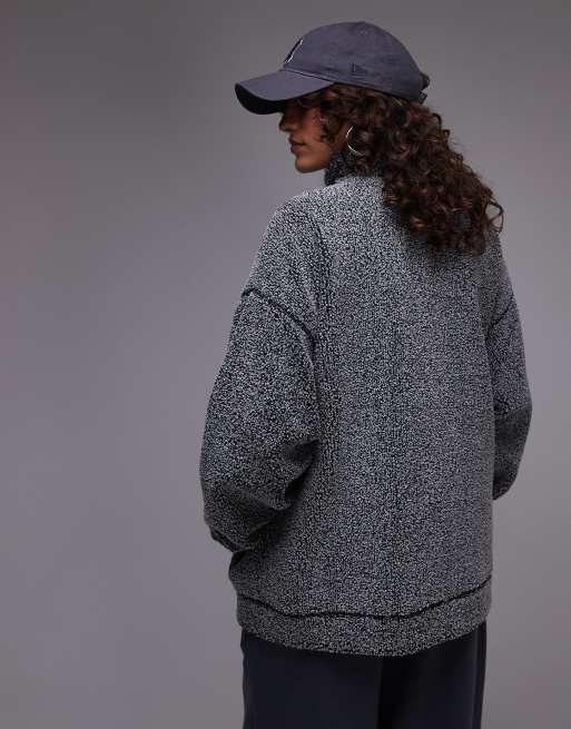 Topshop borg funnel neck zip thru fleece in salt and pepper, 3 of 4