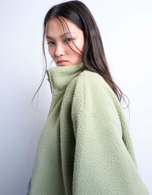 Topshop borg funnel zip through cardigan in green, 3 of 4