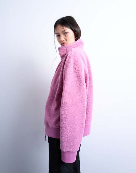 Topshop borg funnel zip through cardigan in pink - view 1