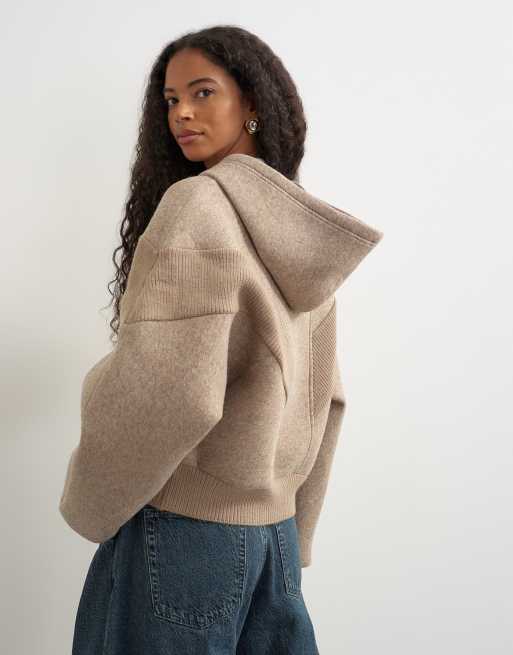Topshop borg hoodie met panelen en rits in havermoutkleur, 4 van 9