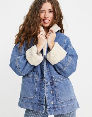 Topshop borg jacket in mid blue