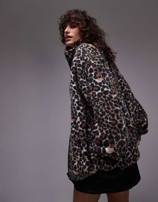 Topshop borg leopard funnel neck zip thru fleece in brown, 4 of 4