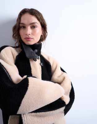 Topshop Borg Longline Ovoid Sleeve Patchwork Coat In Black