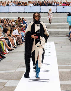 Borg longline ovoid sleeve patchwork funnel neck coat in black