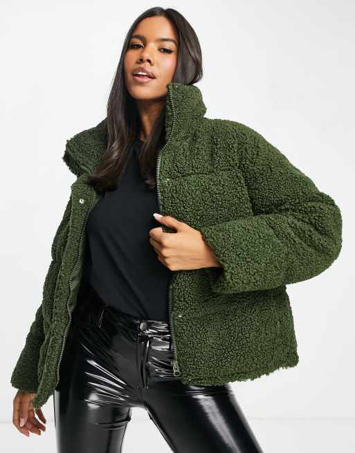 Topshop borg mid length puffer jacket in khaki | ASOS