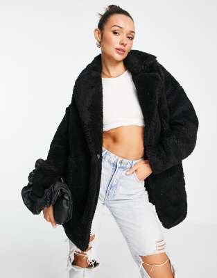 Topshop black outlet borg coat