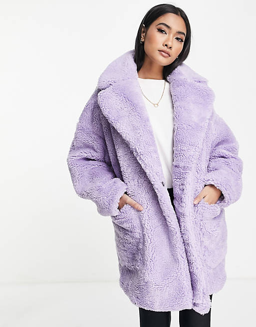 Women Topshop borg midi coat with patch pockets in lilac 