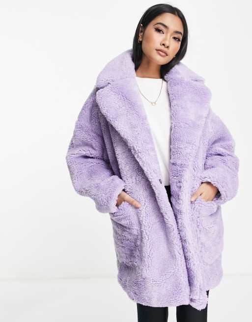 Topshop borg midi coat with patch pockets in lilac | ASOS