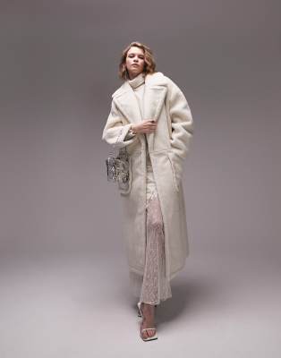 Topshop Borg Overcoat In Cream-white