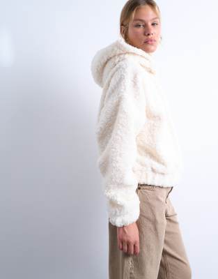 Topshop Topshop borg oversized hoodie in cream-White