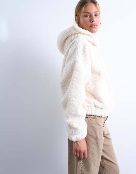 Topshop borg oversized hoodie in cream - view 1