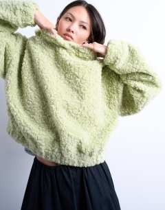 Model wearing Borg oversized hoodie in sage green