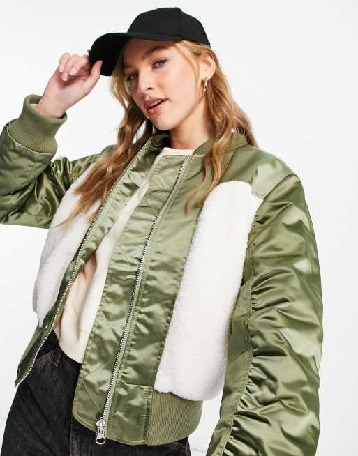 Topshop borg panelled bomber jacket in khaki | ASOS