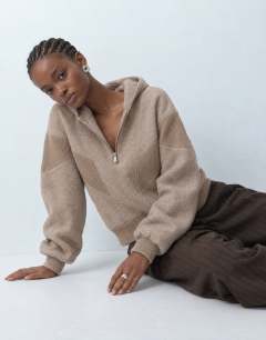Model wearing Borg panelled zip up hoodie in oat