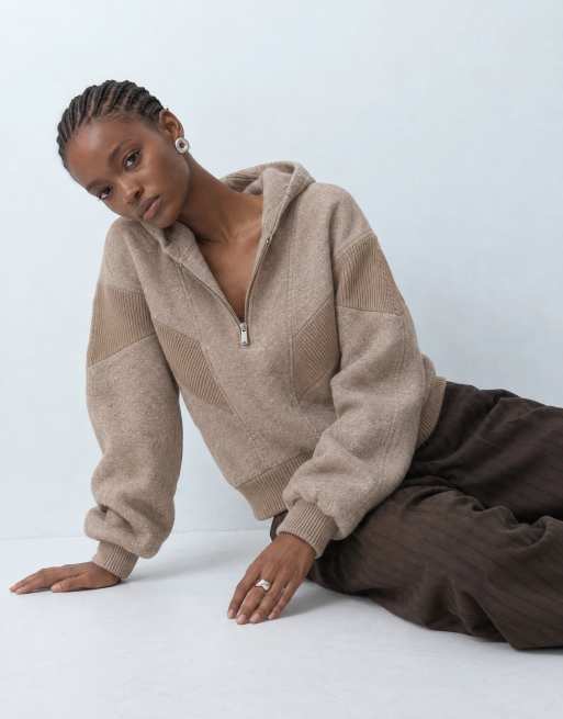 Topshop borg panelled zip up hoodie in oat, 8 of 9