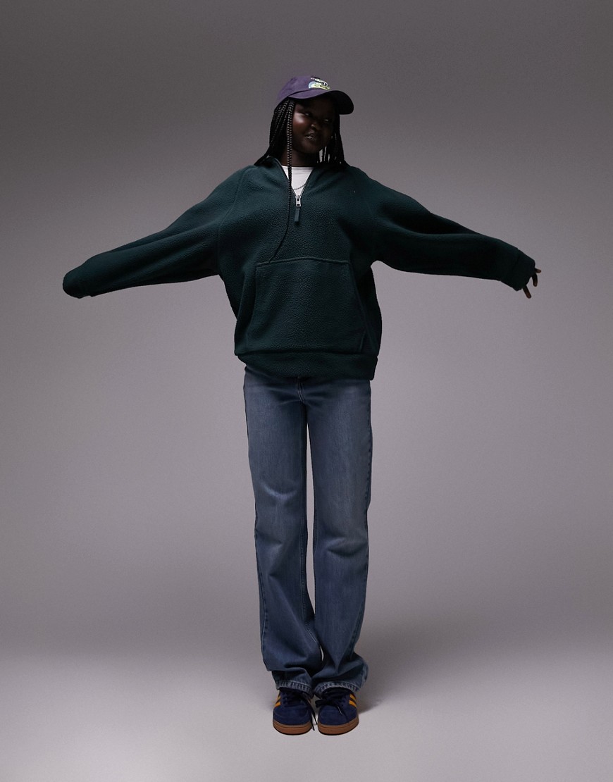 Topshop borg quarter zip fleece hoodie in teal-Green