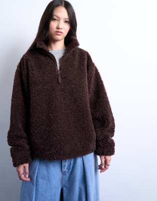 Topshop Borg Quarter Zip Top In Brown