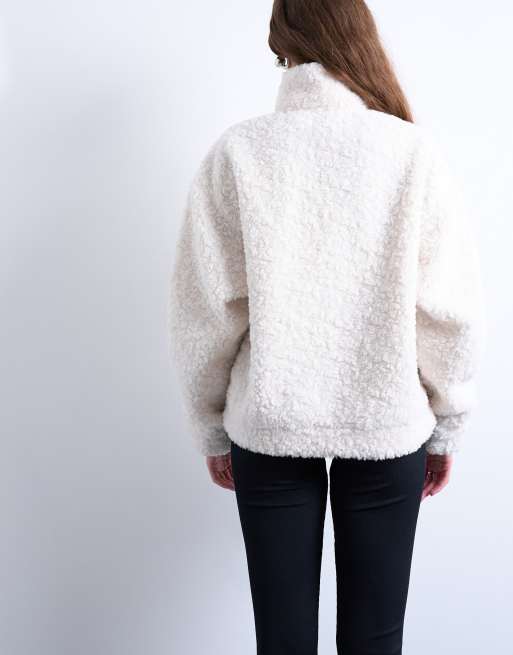 Topshop borg quarter zip top in ecru, 4 of 4